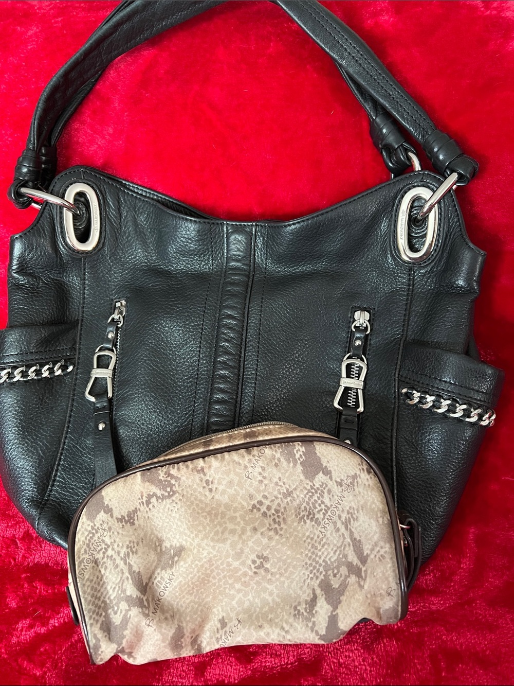 b. makowsky Black Leather Shoulder Bag with Beige Snakeskin Pouch